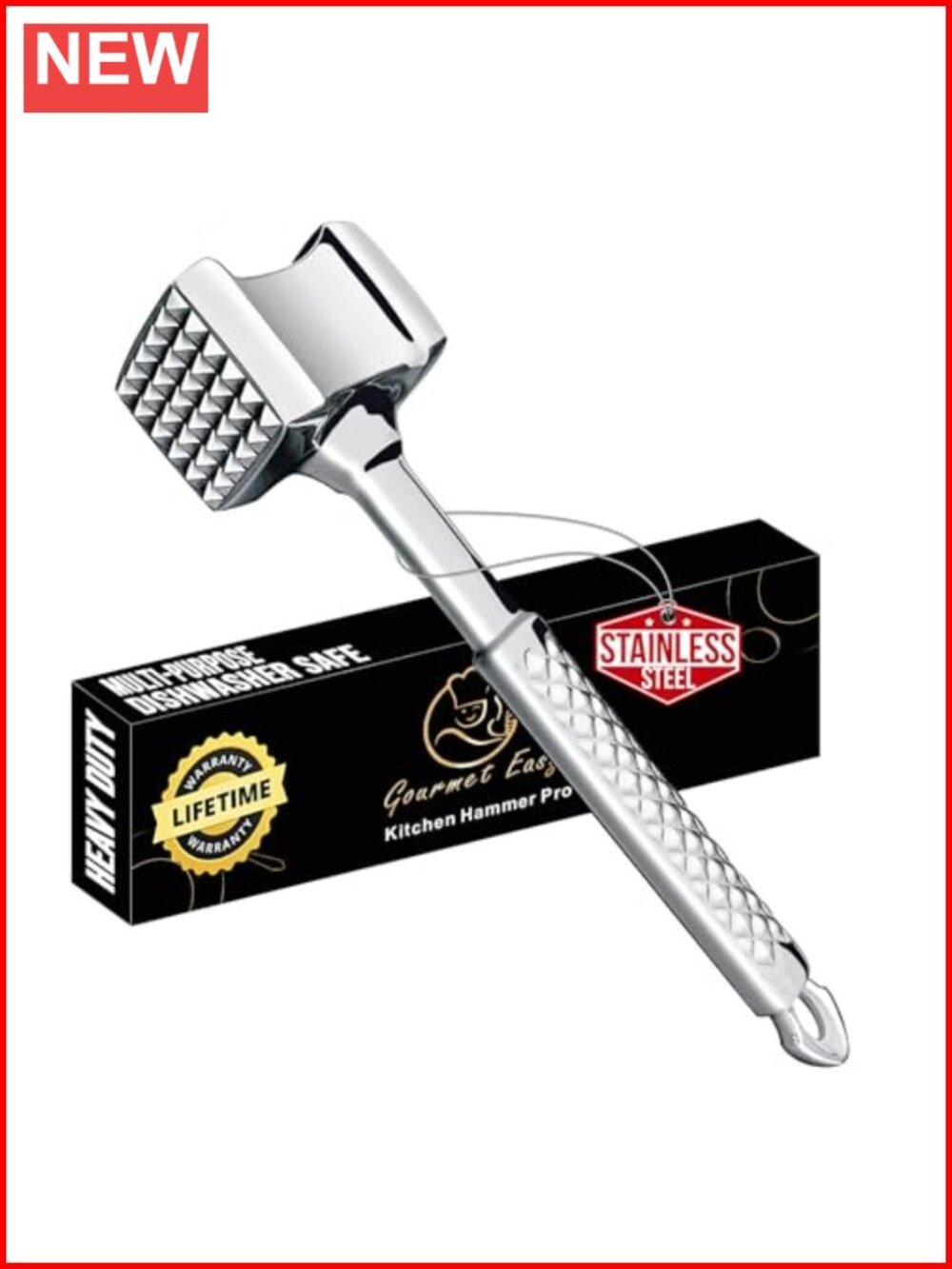 Stainless Steel Meat Tenderizer Mallet Dual-Sided Non-Slip Grip